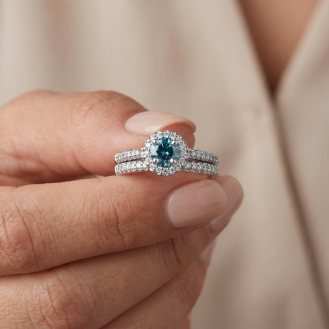 3/4Ct Halo Round Blue Diamond Engagement Matching Wedding Ring Set White Gold