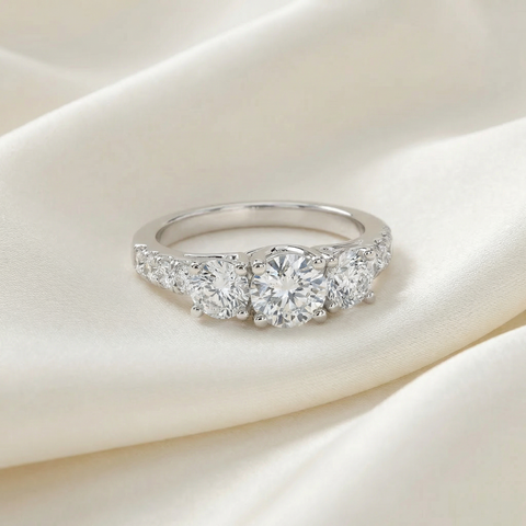 G/VS 1 1/4ct Three Stone 100% Diamond Engagement Ring 14K White Gold Lab Grown