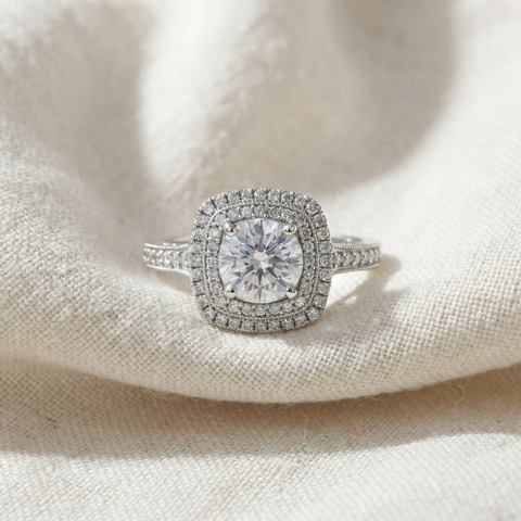 VS 3Ct Diamond & Moissanite Cushion Halo Engagement Ring in White or Yellow Gold