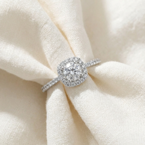 1 1/5ct TDW Cushion Halo Diamond Engagement Ring White Gold Solitaire