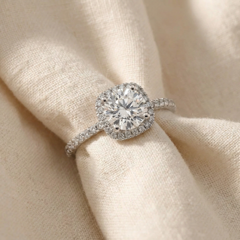 2 Carat Cushion Halo Lab Grown Diamond Engagement Ring 14K White Gold
