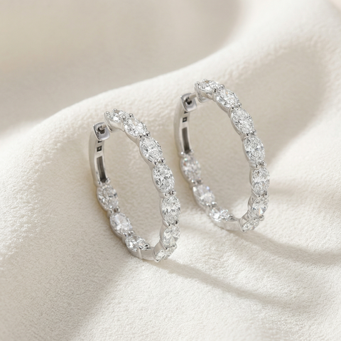 3Ct TW Oval Diamond Inside Outside Hoops Vault Lock 14k White Gold Lab Grown