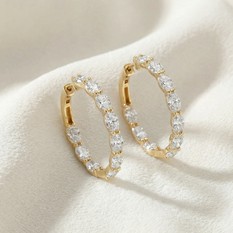 3Ct TW Oval Diamond Inside Outside Hoops 14k Yellow Gold Lab Grown 1"