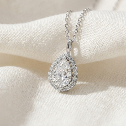 VS 2.16 Pear Shape Moissanite & Lab Grown Diamond Halo Pendant 14k Gold Necklace