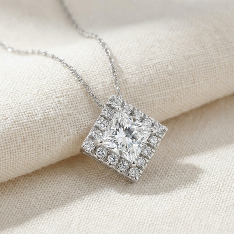 1 1/5Ct TW Princess Cut Diamond Lab Grown Halo Pendant White Gold 18" Necklace