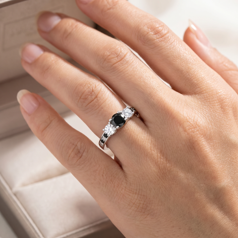 1 1/4 Ct Heat Treated Black Diamond Engagement 3 Stone Ring 10K White Gold