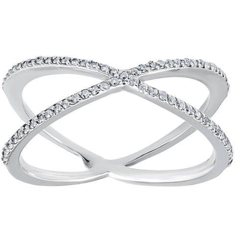 White Gold Round Diamond Crossover Cocktail Fashion Statement X Ring 1/5ct