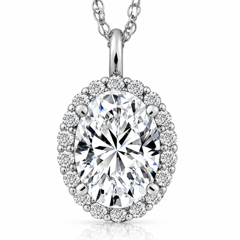 VS 3.10Ct Oval Moissanite & Lab Grown Diamond Halo Pendant 14k Gold Necklace