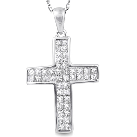1 Ct Princess Cut Diamond Cross Pendant 10k White Gold & 18" Chain 1" Tall