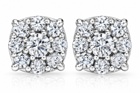 1 Ct TW Halo Round Cut Real Diamond Studs 14K White Gold