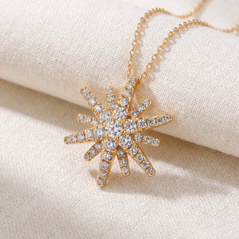 14k Yellow Gold 1 Ct TW Diamond Starburst Pendant Lab Grown Women's Neklace