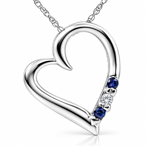 Diamond & Blue Sapphire Heart Pendant 3-Stone 14K White Gold with 18" Chain