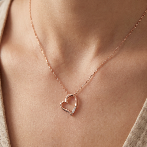 Diamond Heart Pendant Necklace 18" 3-Stone 10K Rose Gold