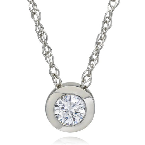 1/4Ct H/VS Natural Diamond Bezel Solitaire Pendant 14k White Gold 18" Necklace