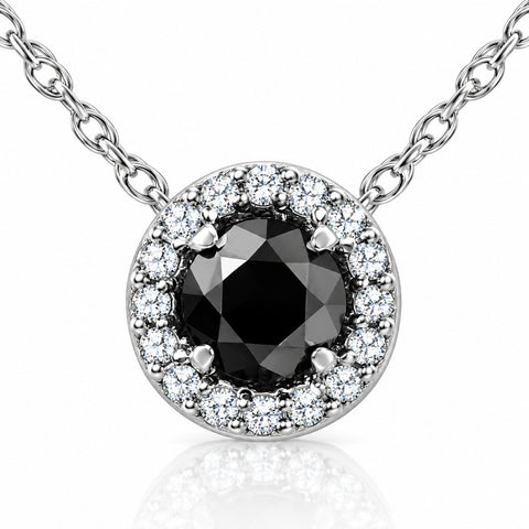 1 1/8ct Black White Diamond Solitaire Pave Halo Pendant
