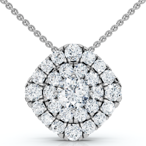 2Ct Diamond (1ct center) Cushion Pendant 14k White Gold Necklace Lab Grown 3/4"