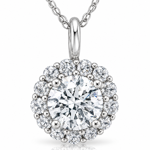 1 Ct Halo Diamond Pendant Necklace 18" 14k White Gold