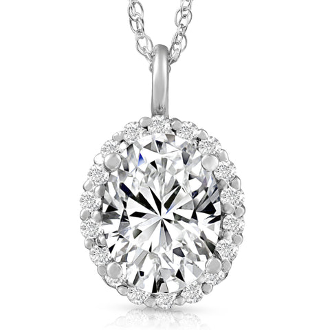 VS 3.10Ct Oval Moissanite & Lab Grown Diamond Halo Pendant 14k Gold Necklace