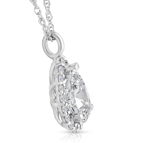 2 1/6 Pear Shape Moissanite & Lab Grown Diamond Halo Pendant 14k Gold Necklace