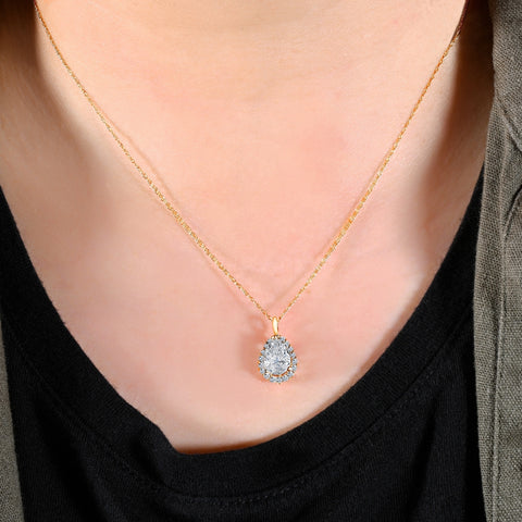 2 1/6 Pear Shape Moissanite & Lab Grown Diamond Halo Pendant 14k Gold Necklace