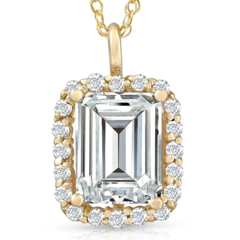 VS 3.50Ct Emerald Moissanite & Lab Grown Diamond Halo Pendant 14k Gold Necklace