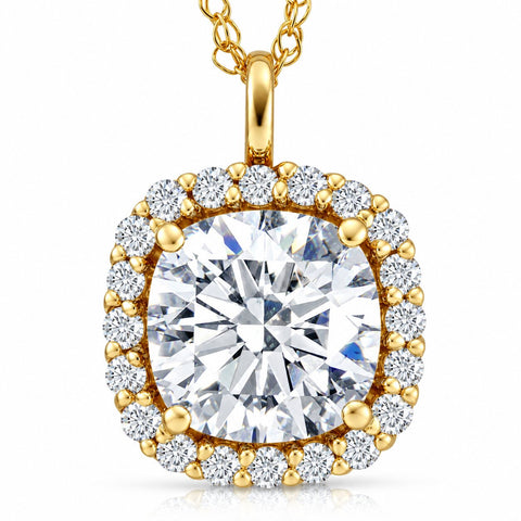 VS 3.63Ct Cushion Moissanite & Lab Grown Diamond Halo Pendant 14k Gold Necklace