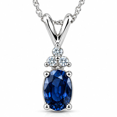 1/2ct Blue Sapphire Oval Shape & Diamond Pendant 14K White Gold