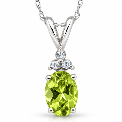 5/8ct Oval Peridot & Diamond Solitaire Pendant 14K White Gold With 18" Chain
