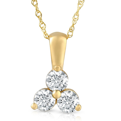 1Ct TW Real Diamond Three Stone Pendant in 14k White Yellow Rose Gold Necklace