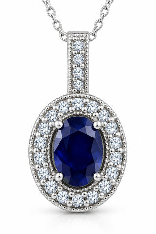 Oval Blue Sapphire Diamond Solitaire Pendant 14K White Gold