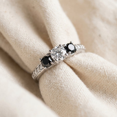 1 Carat Treated Black & White Diamond 3 Stone Ring 14K White Gold