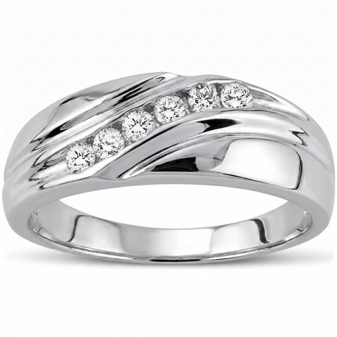 Mens 14K White Gold 1/4ct Diamond Wedding Ring High Polished Smooth Band