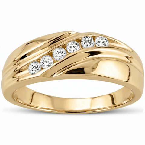 Mens 14K Yellow Gold 1/4ct Diamond Wedding Ring Band