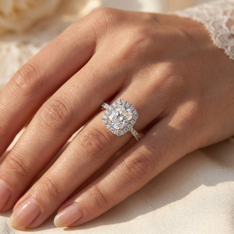 Certified 2 1/2Ct Cushion Halo Diamond GH/VS Engagement Ring 14k Gold Lab Grown