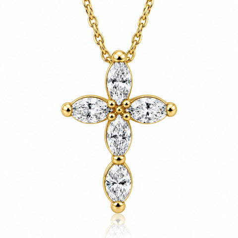 1/2Ct Marquise Diamond Cross Petite Pendant Yellow Necklace Gold (1/2 inch tall)