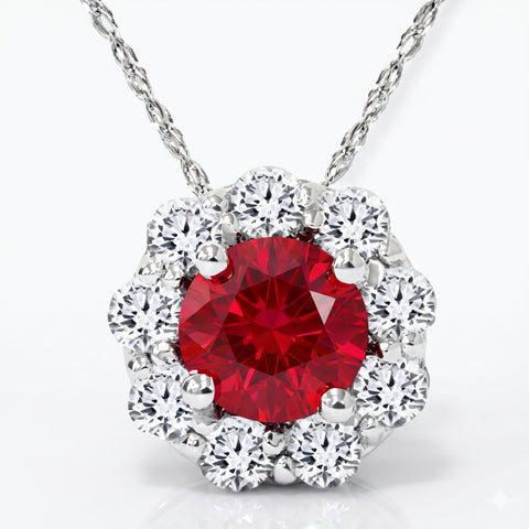 1 1/4ct Ruby Diamond Halo Pendant 14K White Gold