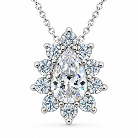 F/VS .50Ct Pear Shape Halo Diamond Pendant Necklace in 14k White or Yellow Gold