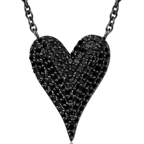 5/8Ct Black Diamond Pave Heart Pendant Necklace in Black Silver 21mm tall