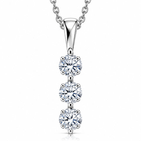 1/4ct 3 Stone Round Three Diamond Pendant Necklace 14K White Gold
