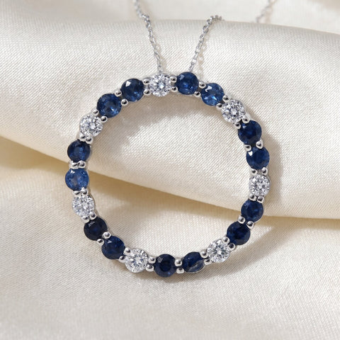 14K White Gold 2ct Diamond & Sapphire Circle Pendant
