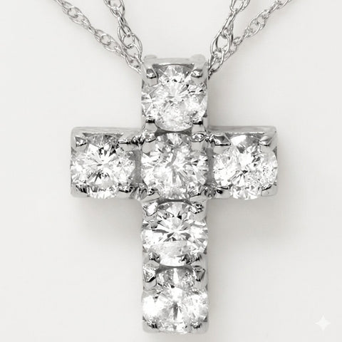 1ct Diamond Cross Pendant 14K White Gold 1/2" Tall