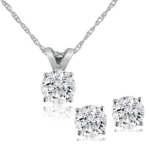 1/2Ct TW Diamond Solitaire Necklace Studs Set 14K White Gold Lab Grown