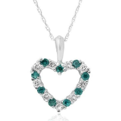 1/2ct Emerald & Diamond Heart Pendant Solid 14K White, Yellow, or Rose Gold 1/2"