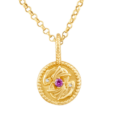 10K Yellow Pink Sapphire & Diamond Pisces Charm Pendant Women's Necklace 19mm