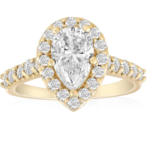 G/VS 2 Ct Pear Shape Halo Diamond Engagement Ring 14k Yellow Gold Enhanced