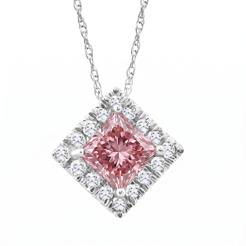 Certified 1.70Ct Princess Pink Diamond Lab Grown Pendant White Gold 18" Necklace