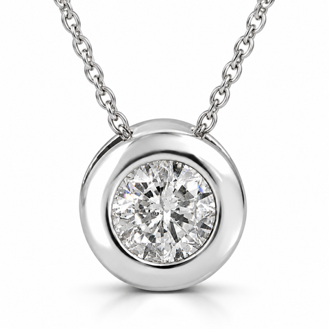 1/2ct Round Bezel Solitaire Diamond Pendant Necklace 14K White Gold