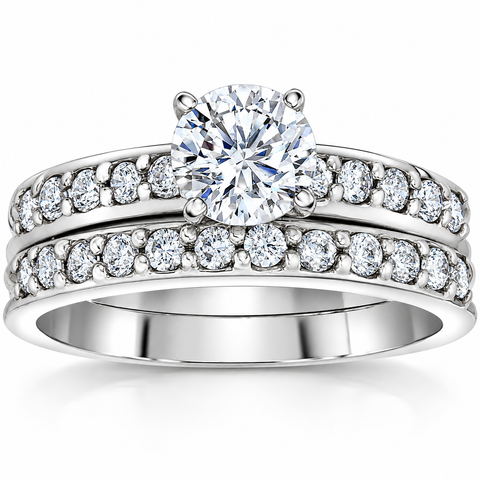 1 Carat Diamond Engagement Ring Matching Wedding Band Prong Set 14K White Gold