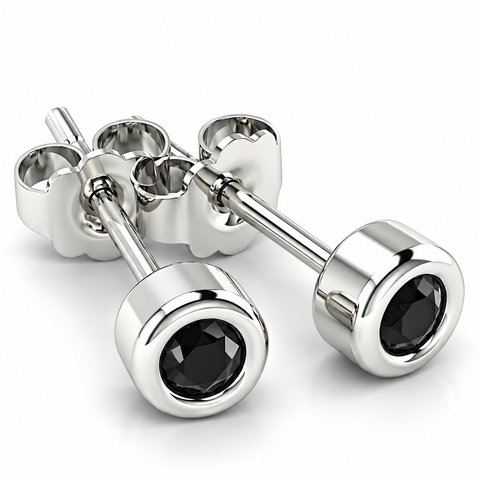 .33Ct Round Brilliant Cut Heat Treated Black Diamond Stud Earrings in 14K Gold Round Bezel Setting