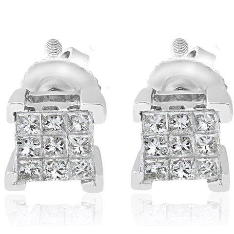1/3ct Diamond Princess Cut Screw Back Studs Womens Earrings 10k White Gold 5.5mm